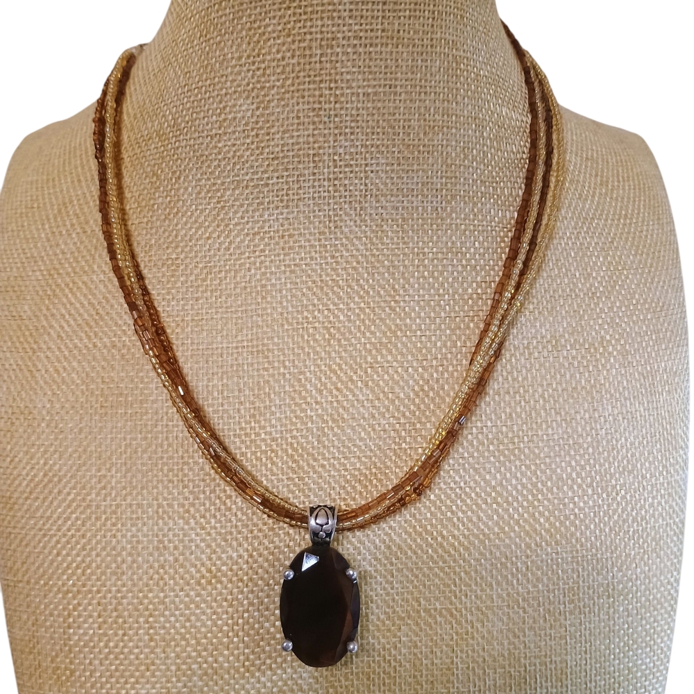 Vtg Premier Designs Smokey Topaz Brown and Silver Pendant Necklace